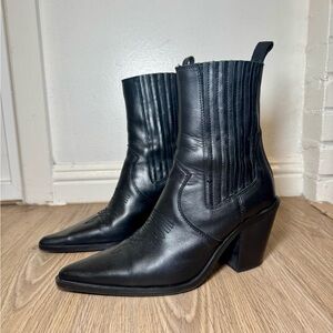 ZARA Black Leather Western Ankle Boots – EU 39 (US 8.5–9) | 3.5” Heel